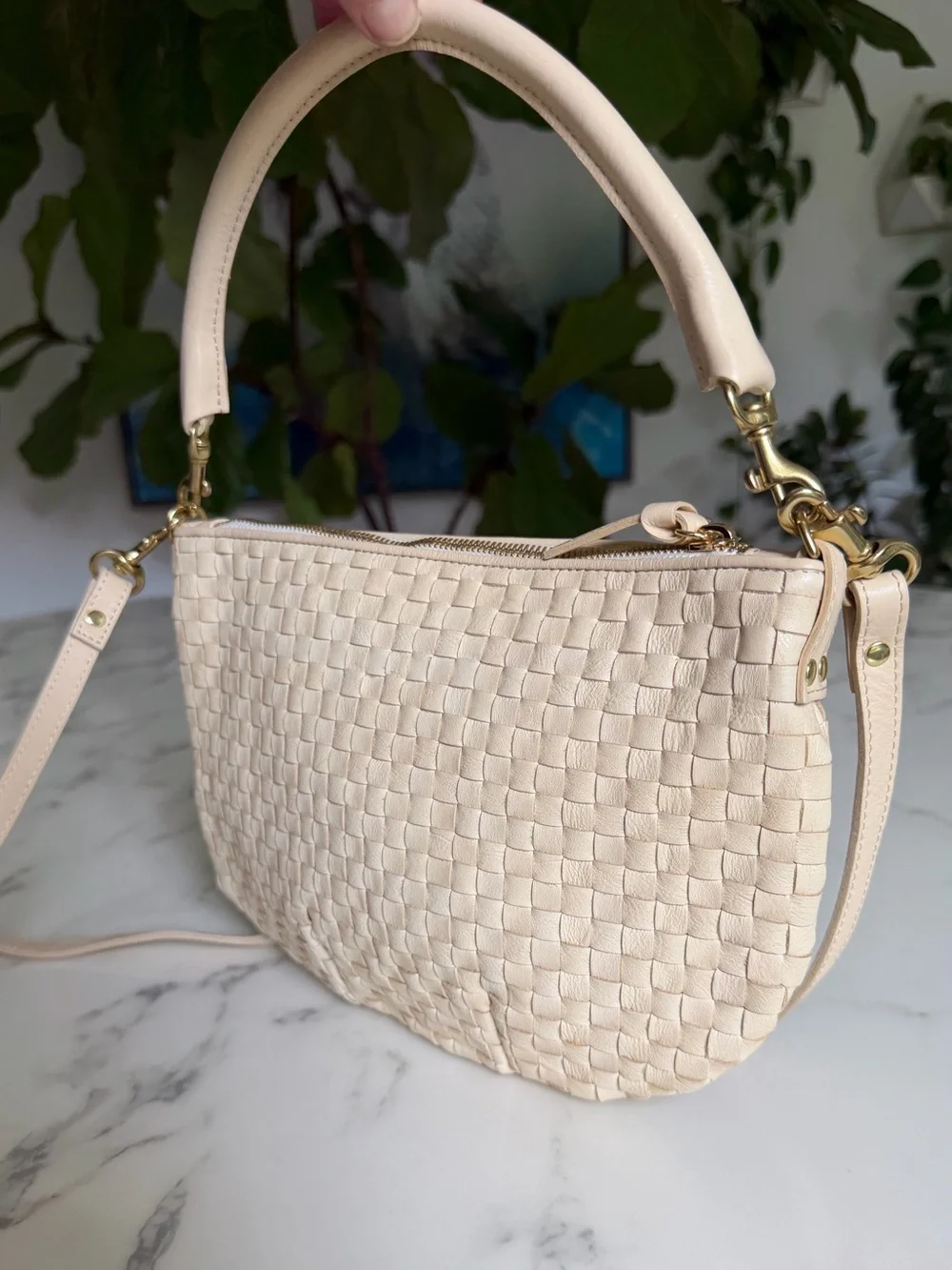 Clare V Petit Moyen Cream Woven Checker Leather Crossbody Shoulder Bag